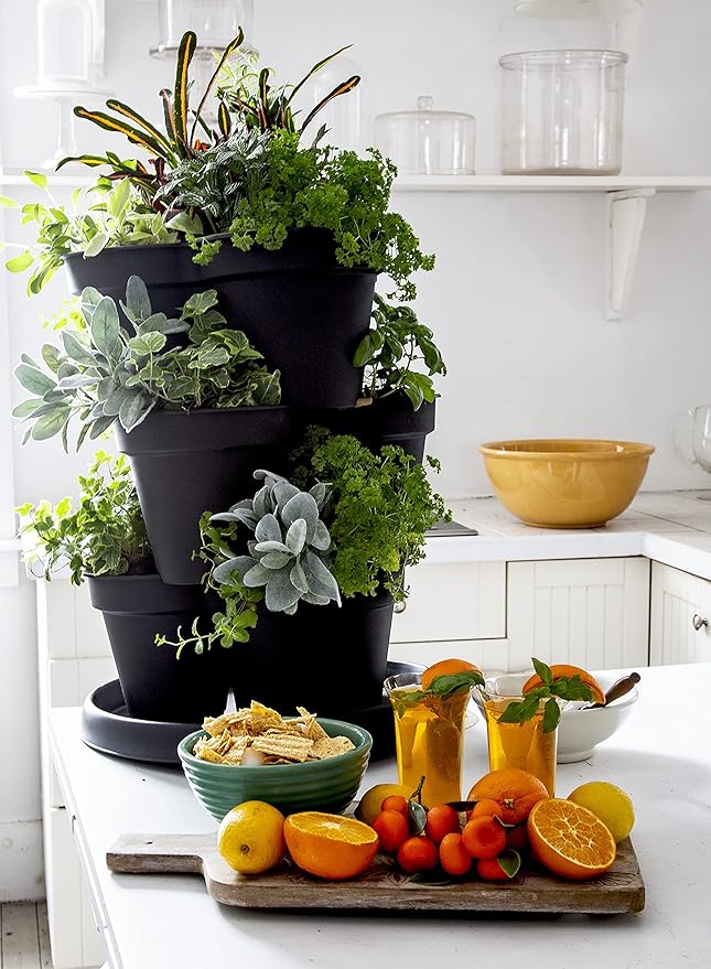 The HC Companies Terrace Planter 23” Vertical Herb Garden Planter, 3 Tiered Stackable Strawberry Planting Pots, Indoor Outdoor Containers for Growing Vegetables and Succulents – Holds 9 Plants
