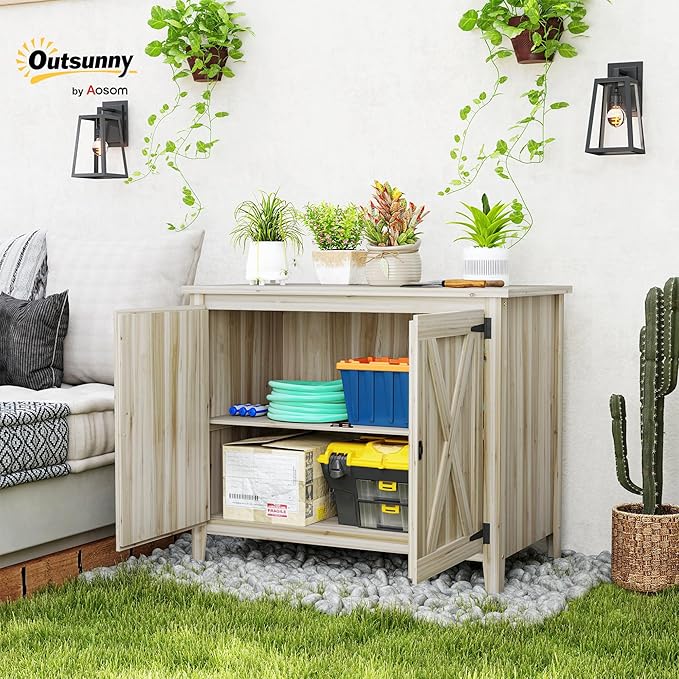 Outsunny Wood Garden Shed, Compact Outdoor Storage Cabinet Potting Shed with Inner Shelf and Double Doors for Backyard, Patio, Lawn, Natural Wood