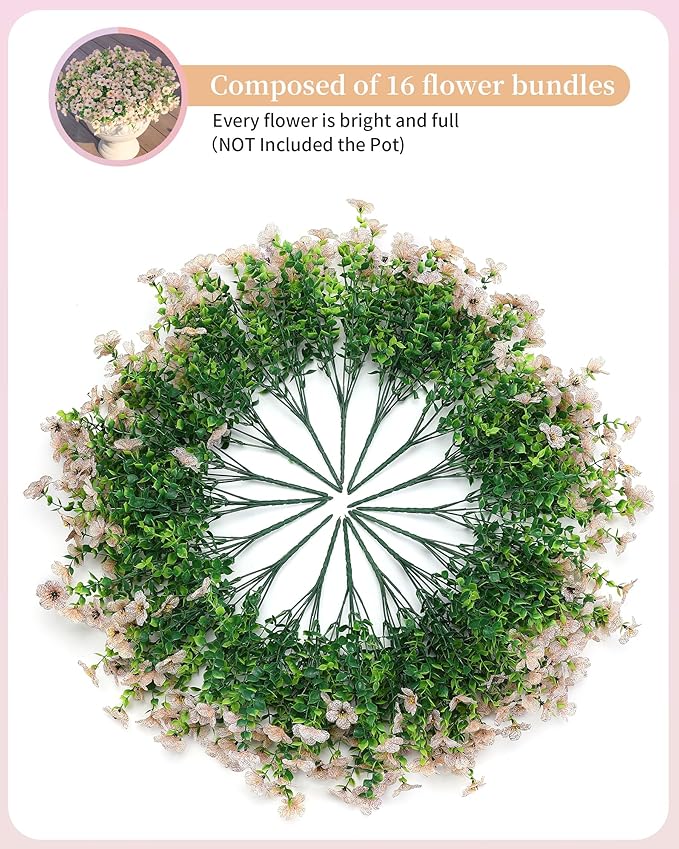 JAKY-Global Faux Flowers for Outdoor Planters 16 Bundles UV Resistant Artificial Eucalyptus Plants Outside Spring Summer Yard Decoration Realistic Silk Daisy Used Patio,Front Porch,Garden,Pots Decor