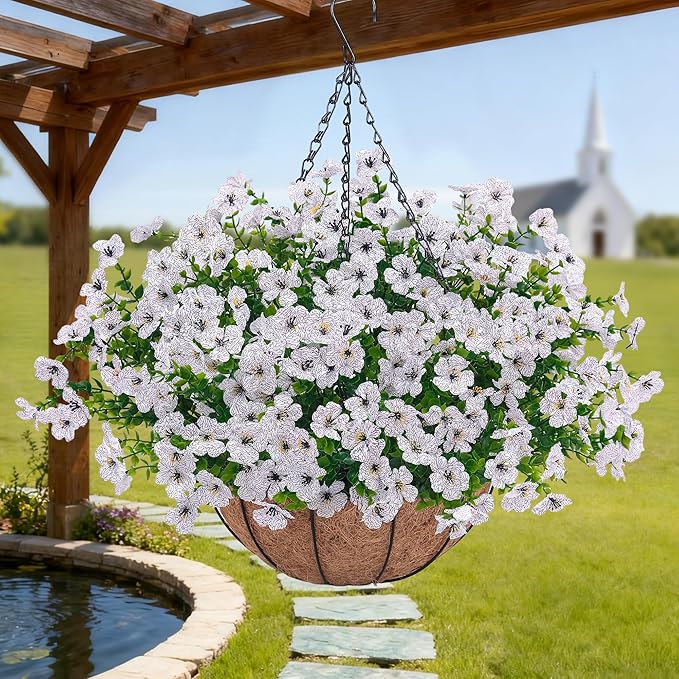 Artificial Faux Hanging Plants Flowers Basket for Outdoors Decoration,Hanging Planters with Fake Silk Daisy Flowers for Outside,UV Resistant Realistic Porch Patio Balcony Garden Yard Home Decor（White）