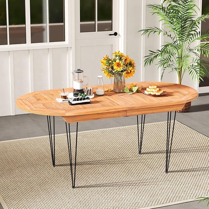 Tangkula 71" Outdoor Dining Table for 6, Oval Teak Wood 6 Person Patio Table with 2" Umbrella Hole, Metal Legs, Safety Locks and Wood Tabletop, Outside Table for Garden, Poolside & Backyard