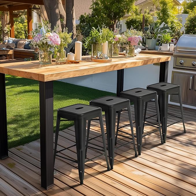 Yaheetech 24 Inch Metal Barstools Set of 4, Counter Height Backless Stools, Industrial Stackable Bar Chairs with Footrest for Kitchen/Dining Room/Bistro/Patio, Black