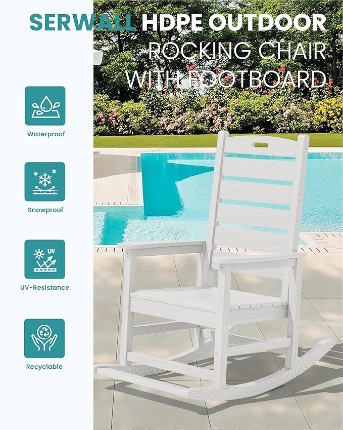 SERWALL Outdoor Rocking Chair Set of 2, Oversized Rocking Chair with Footboard for Adults, HDPE All Weather Resistant Rocking Chairs for Patio, 350lbs Weight Capacity, White