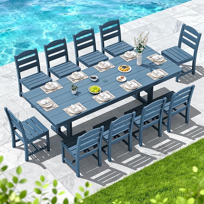 SERWALL 11 Piece Outdoor Dining Set, 84" HDPE Outdoor Table and Chairs for 10，All Weather Patio Furniture Set with Umbrella Hole for Backyard, Garden, Blue
