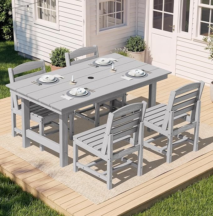 SERWALL Patio Dining Sets for 6 Person, HDPE Dining Set with 6 Armless Chairs, Light Gray