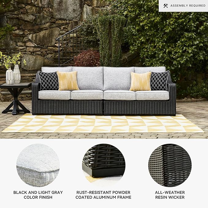 Signature Design by Ashley Beachcroft Casual Nuvella Weather Resistant Fabric 2-Piece Outdoor/Indoor Loveseat with Cushion and 4 Toss Pillows, Black & Light Gray