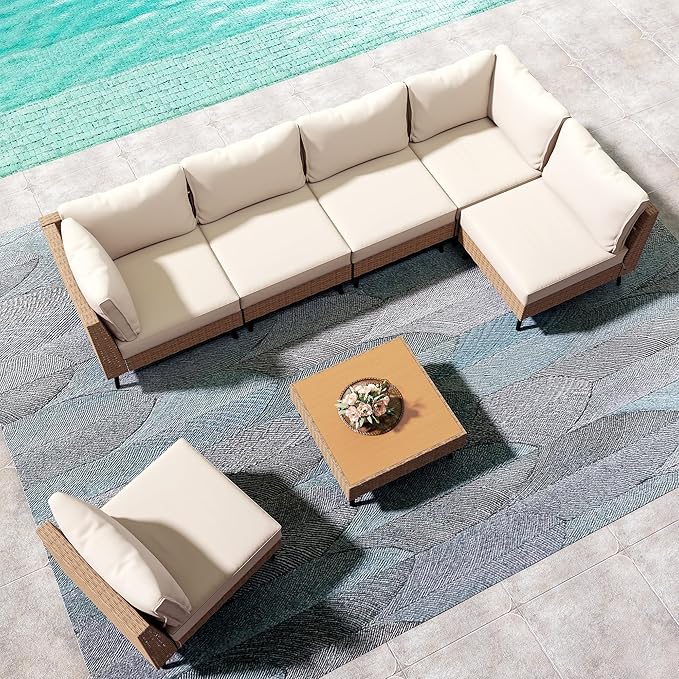 LAUSAINT HOME Outdoor Patio Furniture, 7 Piece Outdoor Sectional Sofa PE Rattan Wicker Patio Conversation Sets, All Weather Patio Furniture Set with Thick Cushions for Garden, Backyard(Beige)