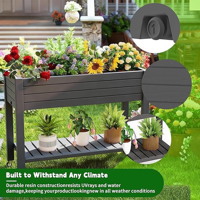 Elevated Raised Garden Bed with Legs, 33.66" Tall Self-Watering Resin Outdoor Planter Box with Storage Shelf, Drain Plug Water & Monitor for Plants Vegetables Flowers Fruits (Black)