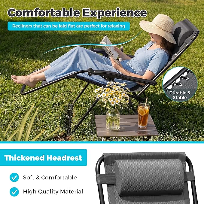 Homall Zero Gravity Chair Patio Folding Lawn Outdoor Lounge Gravity Camp Reclining Lounge Chair with Cup Holder Pillows for Poolside Backyard and Beach Set of 4 (Grey)