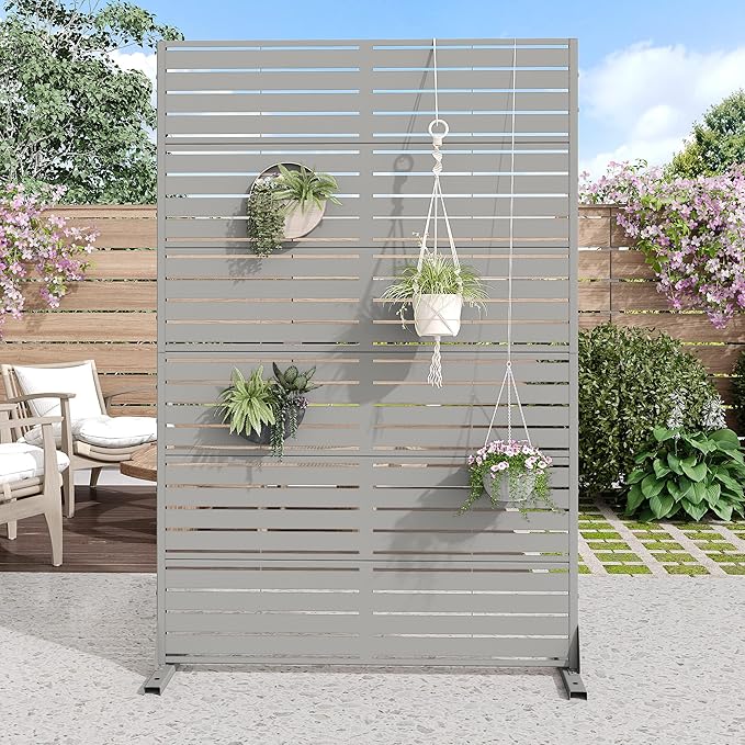 Casaphoria Metal Privacy Screen Outdoor, 72" H x 47" W Freestanding Decorative Privacy Screen for Patio Deck Balcony Garden with Stable Base, Grey-Louvered