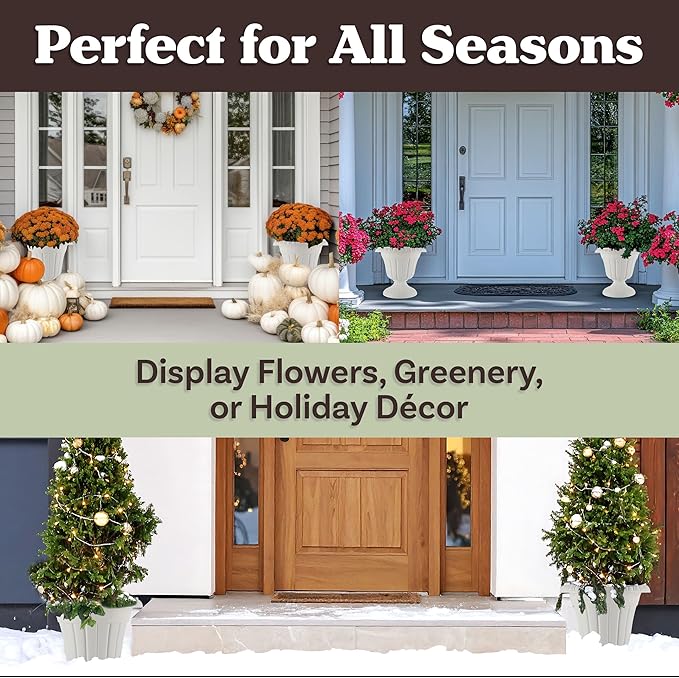 Outdoor Planter 2-Pack - 16x18-Inch Urn Planters - Plastic Plant Pots for Indoor, Outdoor, or Front Porch Decor - Flower Pots by Pure Garden (White)