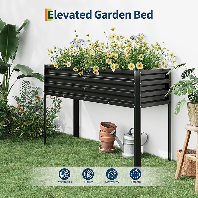 Galvanized Raised Garden Bed with Legs&Water Storage - 50×32×17 in Metal Planter Box, Outdoor Raised Garden Beds Gardening, Durable Planter Raised Beds, Sturdy Planters for Outdoor Plants (Black)