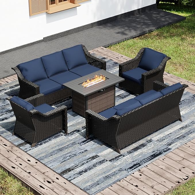 Joyside Wicker Patio Furniture Sets, 5 Pieces Upgraded Large Size Outdoor Furniture with Patio Dining Chair, Two 3-Seat Sofa, Fire Table,Thick Cushions, Wide Armrest, Blue