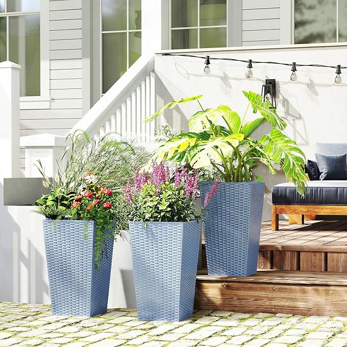 Outsunny Tall Planters for Outdoor Plants Set of 3, 24 in Taper Planters with Drainage Holes, Rattan Decor Plant Pots for Indoor Outdoor Front Porch Patio Backyard, Light Gray