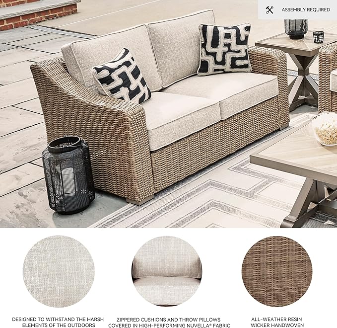 Signature Design by Ashley Beachcroft Casual Nuvella Weather Resistant Fabric, Resin Wicker Outdoor Loveseat with Cushion and 2 Accent Pillows, Dark Brown & Beige
