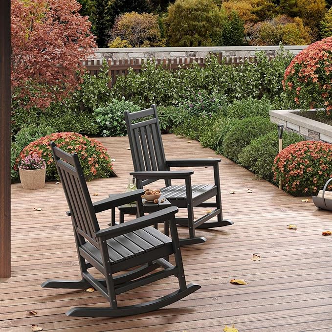 HDPE Rocking Chair Outdoor Set of 6 - Poly High Back Porch Rocker Chairs for Adults - All Weather Resistant Furniture for Patio Front Porch - Black