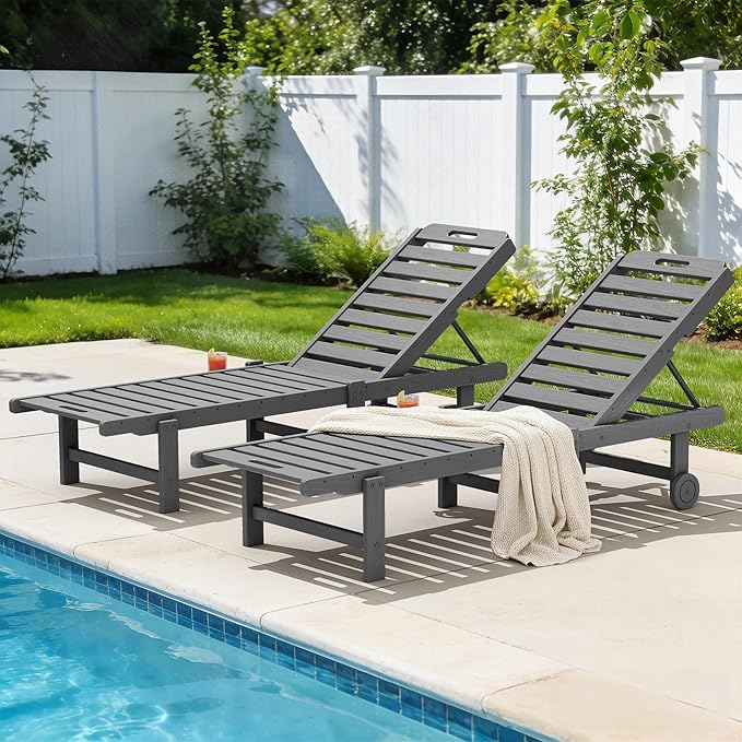 SERWALL Outdoor Chaise Lounge Set of 2, All-Weather HDPE Pool Lounge Chairs with 5-Position Adjustable Reclining Backrest, Rolling Wheels & Cup Holder for Poolside, Grey