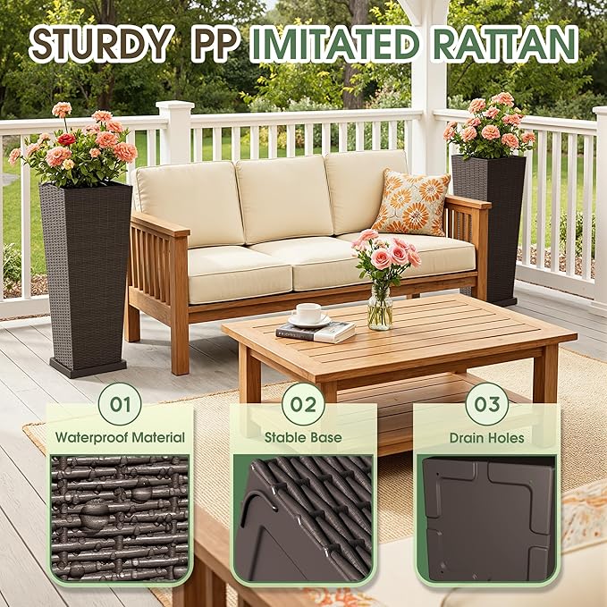 Set of 2 32 Inch Tall Plastic Planters with Drainage Saucers, Rattan Pattern UV Resistant Indoor Outdoor Flower Pots for Patio Garden Balcony Decor, Brown