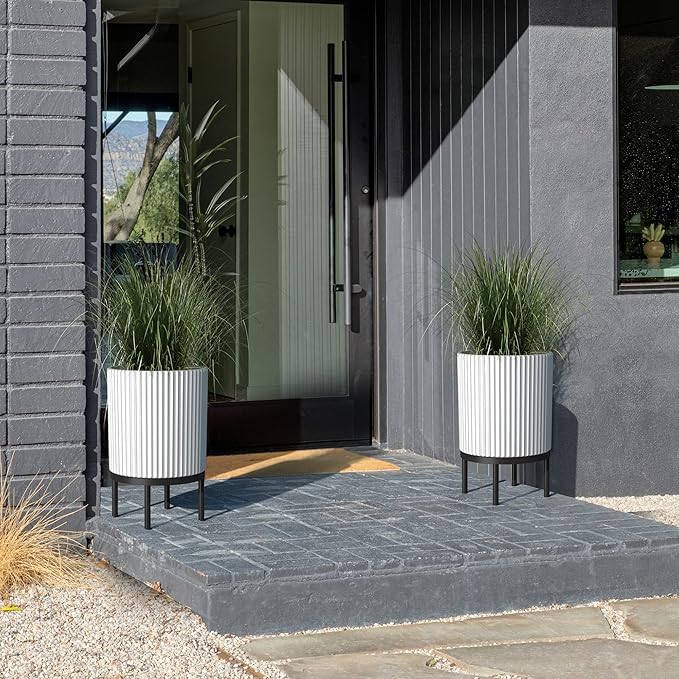 Veradek Demi Series Round Planter w/ Stand for Porch/Patio | Durable Plastic-Concrete & Wooden Stand | Modern Décor for Tall Plants, Flowers