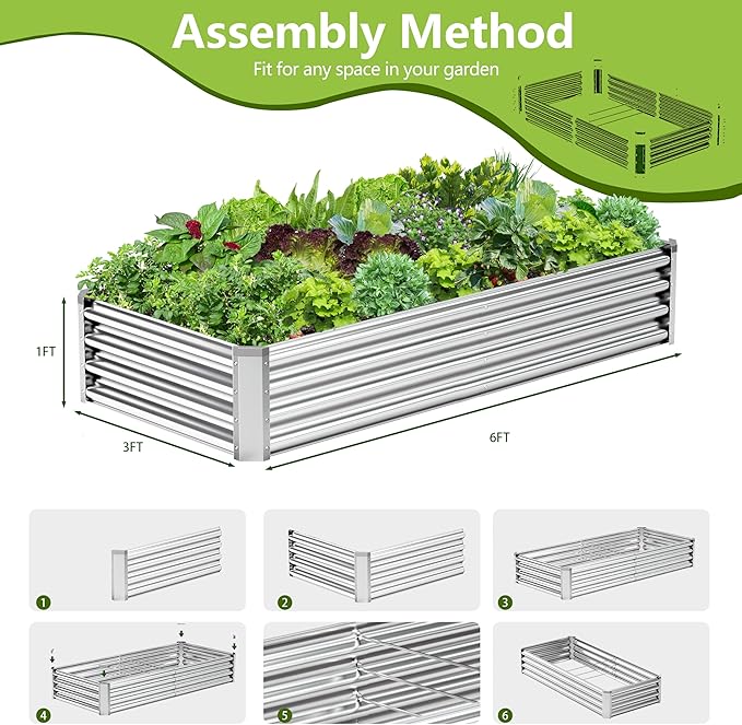 2PCS 6x3x1FT Galvanized Raised Garden Bed, Galvanized Planter Raised Garden Boxes Outdoor, Large Metal Raised Garden Beds for Vegetables-Silver