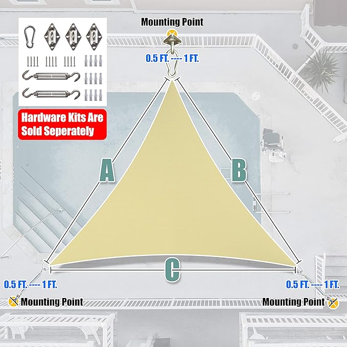 Amgo Custom Size 6' x 6' x 6' Sand Beige Triangle Sun Shade Sail UPF50+ AGTAPRT12, Order to Make Canopy Awning, 95% UV Blockage, Water & Air Permeable, Commercial Standard (We Customize)