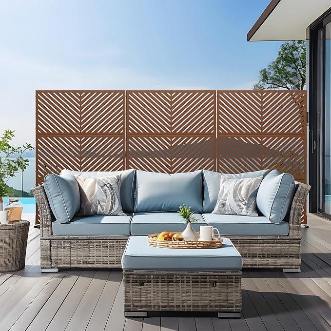 Casaphoria Metal Privacy Screen Outdoor, 72" H x 47" W Freestanding Decorative Privacy Screen for Patio Deck Balcony Garden with Stable Base, Brown-Parallel
