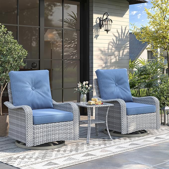 2-Seat Modern Patio Furniture Set with Swivel Rocking Chairs, Thick 4″ Cushions, Dual-Strand Wicker Rattan, Rust-Resistant Steel Frame – Outdoor Conversation & Modular Sectional,Navy