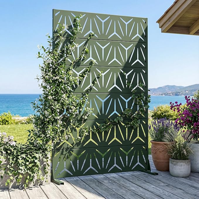 Casaphoria Metal Privacy Screen Outdoor, 72" H x 47" W Freestanding Decorative Privacy Screen for Patio Deck Balcony Garden with Stable Base, Drakgreen-Star