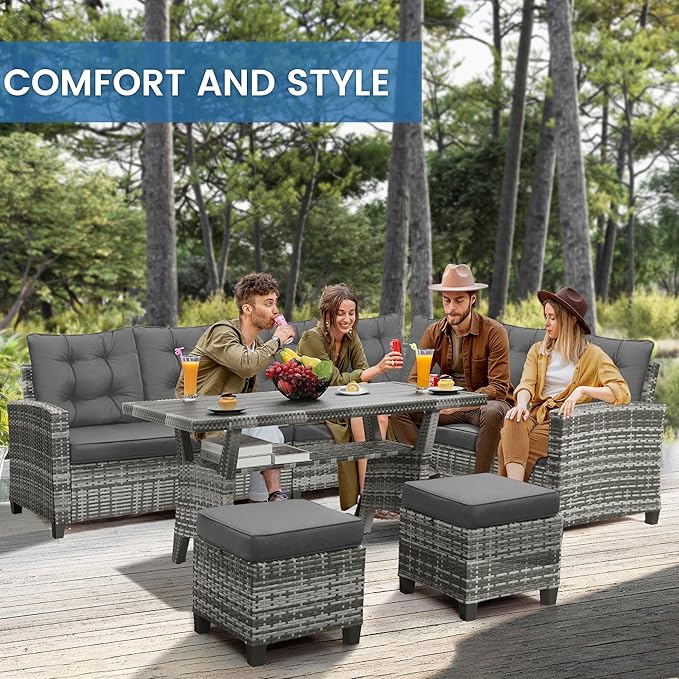 6-Piece Patio Furniture Set, Outdoor Sectional Sofa with Dining Table & Chairs, All-Weather Dining Set with Removable Cushion Covers, Ideal for Garden, Porch, Backyard, Grey