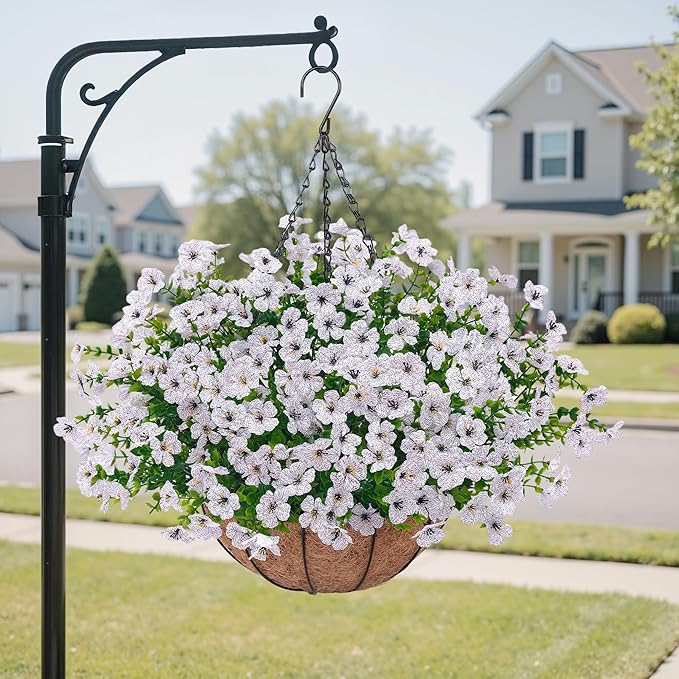 Artificial Faux Hanging Plants Flowers Basket for Outdoors Decoration,Hanging Planters with Fake Silk Daisy Flowers for Outside,UV Resistant Realistic Porch Patio Balcony Garden Yard Home Decor（White）