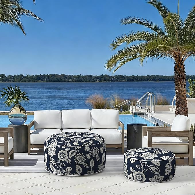 LVTXIII Indoor/Outdoor Extra Large Inflatable Ottoman Pouf D31 x H14 Inch, Round Footstool with Handle, Weather-Resistant Portable Furniture for Patio, Camping, Beach, Elegant Vines Navy