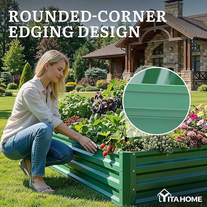 YITAHOME 6x3x1ft 2pcs Large Raised Garden Bed Kit, Galvanized Metal Planter Box with Gloves, Ground Nails, Support Rod, Outdoor Above Ground Planters for Plants Vegetables Flowers, Green
