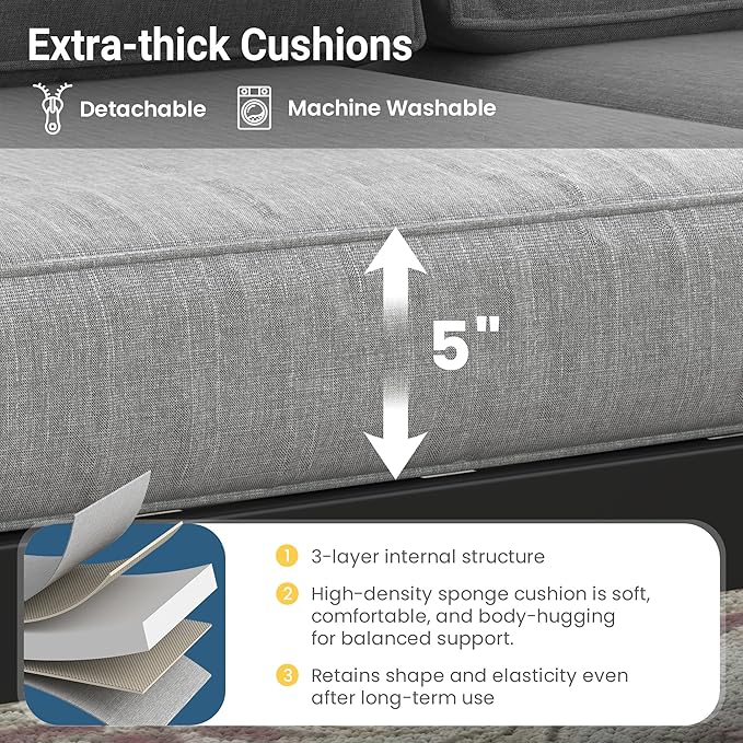 Solaste Aluminum Outdoor Patio Furniture Set, 7 Seats Patio Sectional Sofa with 5" Thick Cushion, Outdoor Patio Set with Coffee Table for Porch, Backyard, Deck, Yard, Light Grey