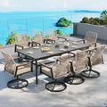 Patio Dining Set 9 Piece, 8 x Woven Rattan Swivel Chairs with Waterproof Cushion, 83" Rectangular Metal Dining Table with Umbrella Hole, Outdoor Table and Chairs Set for Backyard Lawn and Deck, Beige