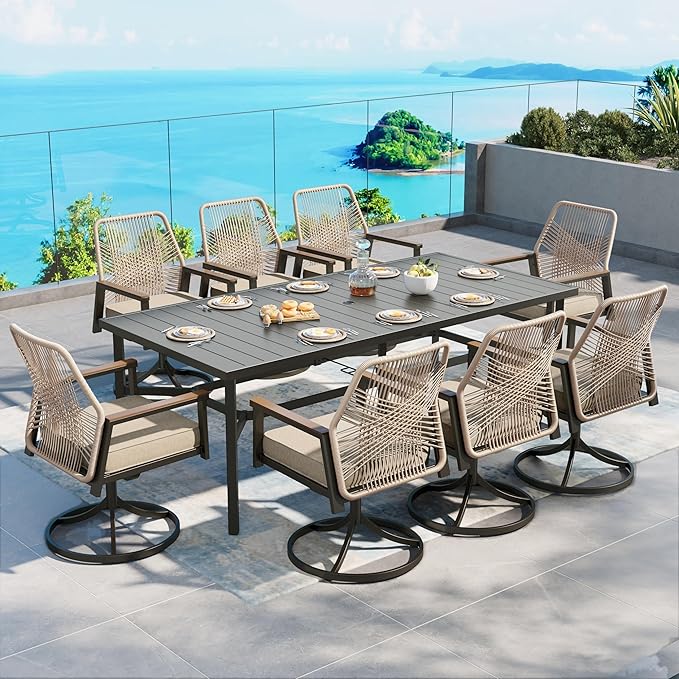 Patio Dining Set 9 Piece, 8 x Woven Rattan Swivel Chairs with Waterproof Cushion, 83" Rectangular Metal Dining Table with Umbrella Hole, Outdoor Table and Chairs Set for Backyard Lawn and Deck, Beige