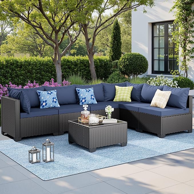 Skyfish 7 Pieces Patio Furniture Sofa - Outdoor Sectional Wicker Rattan Furniture with Cushion and Glass Table Patio Conversation Sets for Porch Poolside Backyard Outdoor Sofa Set Modular Sofa