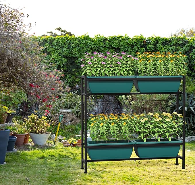 CADUKE Raised Planter Box with Legs, 32" Elevated Vegetable Garden Beds, Raised Garden Bed with Drainage Holes & Trellis, Herb Garden Planter Outdoor for Vegetables, Balcony, Patio, Green
