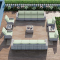 15-Piece Outdoor Patio Furniture Set with Rocking Swivel Chair Wicker Sectional Sofa Set, Patio Conversation Set with Thickened Cushions & Coffee Table for Garden, Backyard, Light Green