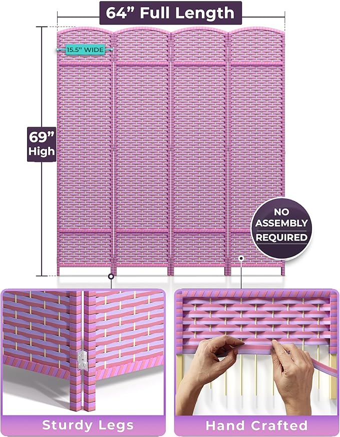 Sorbus 4-Panel Black Room Divider with Double Hinged Panels, 6 ft Tall Folding Privacy Screen