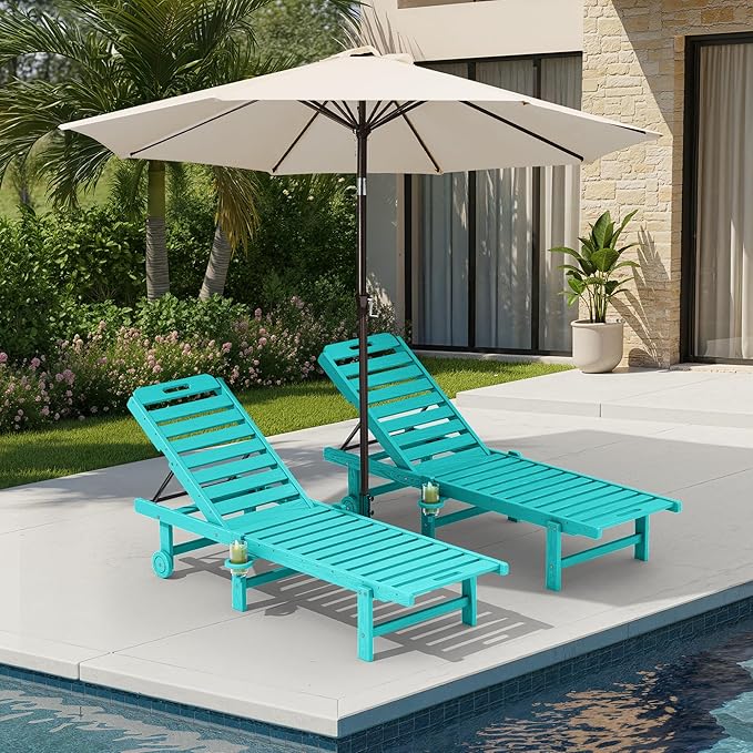 SERWALL Outdoor Chaise Lounge Set of 2 with 9FT Umbrella, HDPE Pool Lounge Chair with 5-Position Adjustable Backrest, Patio Lounger with Rolling Wheels & Cup Holder for Pool, Aruba