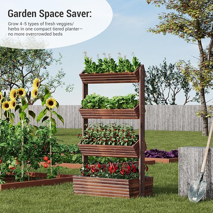 Vertical Wooden Raised Garden Bed Planters Wood Planter Kit Plant Stand Flower Rack Planter Box Gardening Plants Herbs Flowers Vegetables Outdoor Indoor Freestanding (Carbonized 4-Tier)