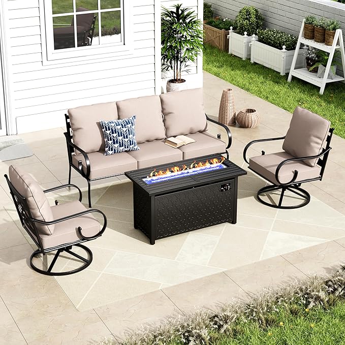 MFSTUDIO 5 Seats Large Metal Patio Conversation Sets, 4 Pieces Outdoor Sectional Furniture Sofa with 2 x Swivel Chairs, 1 x 3-seat Sofa and 1 x 45 inches Rectangular Propane Fire Pit Table