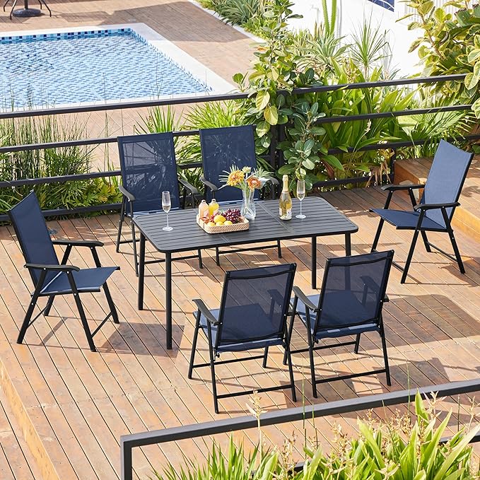 Yaheetech Outdoor Patio Chairs Set of 4, Portable Dining Chairs with Armrests for Camping, Lawn Yard Beach, Folding Outdoor Chairs 4-Pack with Metal Frame, Navy Blue