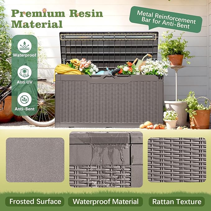 Flamaker Outdoor Storage Box 100 Gallon Waterproof Resin Deck Box Delivery Box with Air Rod Indoor Outdoor Lockable Storage Bench for Patio Cushions, Tools, Pool Accessories (Brown)