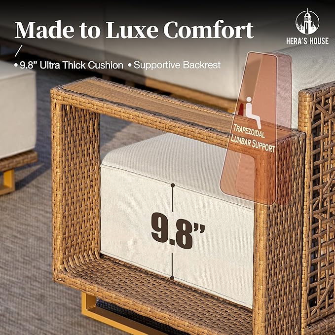HERA'S HOUSE Patio Furniture Set, 4 Pieces Sectional Outdoor Rattan Wicker Sofa, All Weather Patio Conversation Set with 10" Ultra Thick Comfy Sponge Cushion,5.3" Widened Armrest,Patio Couch