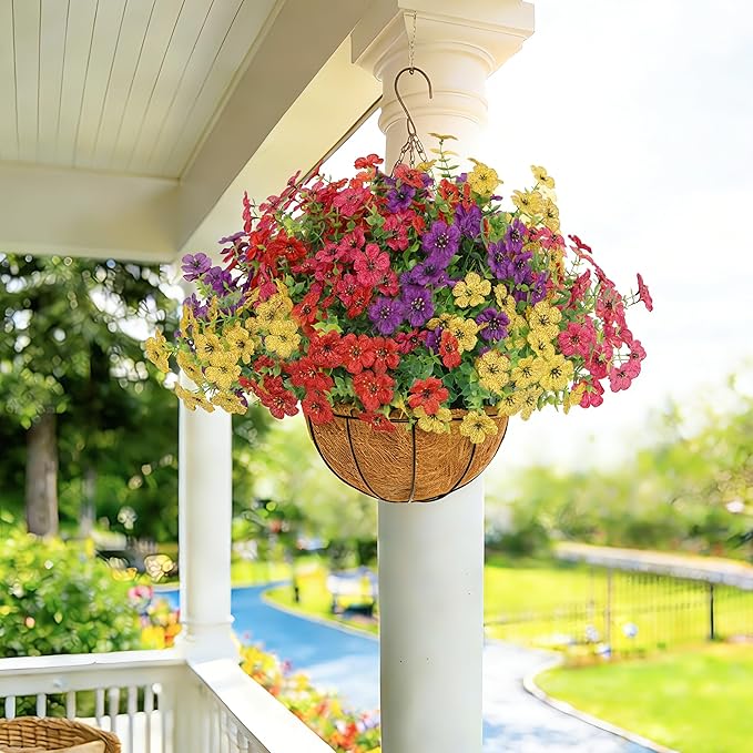 Senjie 12 Bundles Artificial Hanging Flowers with Basket for Outdoor Decor, UV Resistant Faux Flowers Fake Hanging Planter for Porch Patio Balcony