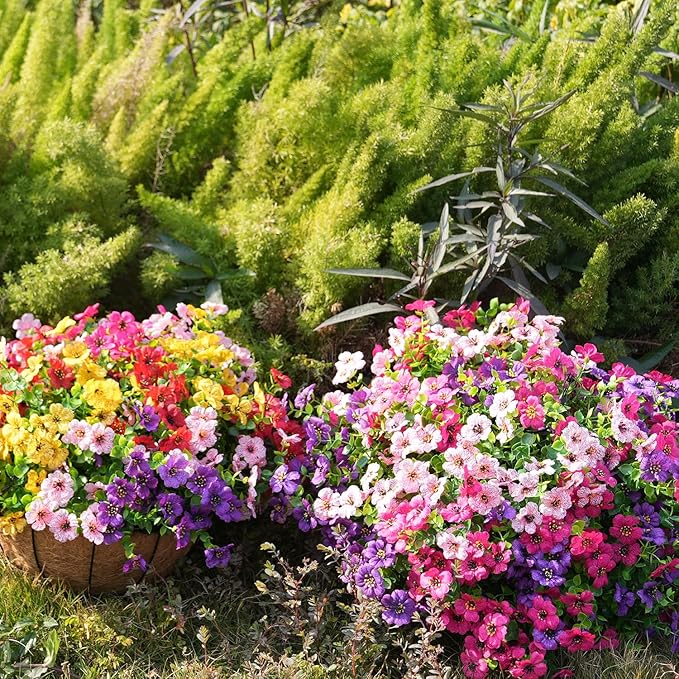 Artificial Flowers for Outdoor, UV Resistant Fake Silk Flowers, Realistic Faux Plants for Outside Indoor Porch Patio Window Box Planter Home Decor (20, Purple Rosy Pink)