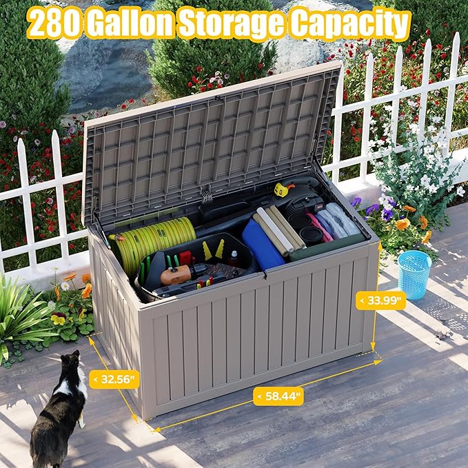 280 Gallon Outdoor Deck Box, Lockable Waterproof Outdoor Storage Boxes For Garden Tools,Indoor Cushions,Accessories Outside Storage Resin Weatherproof Container(Grey)