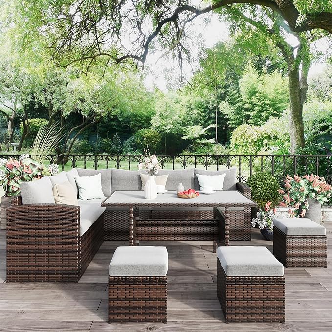 Wisteria Lane 7 Piece Patio Furniture Set, Wicker Patio Sectional with Wide Armrest, All Weather Outdoor Dining Set, Outdoor Furniture Patio Conversation Set with Ottoman, Grey
