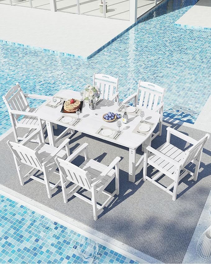Ciokea HDPE Outdoor Dining Table with Umbrella Hole,66" Rectangle Patio Table for 6,All-Weather Outdoor Patio Furniture Set for Garden Backyard,White